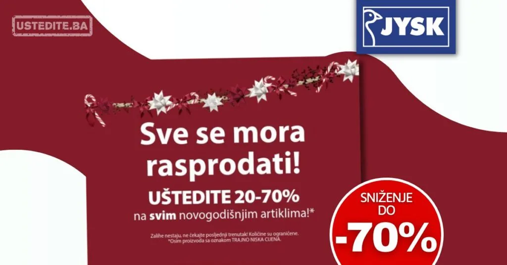 Jysk NOVOGODIŠNJA RASPRODAJA do 70% decembar 2025.