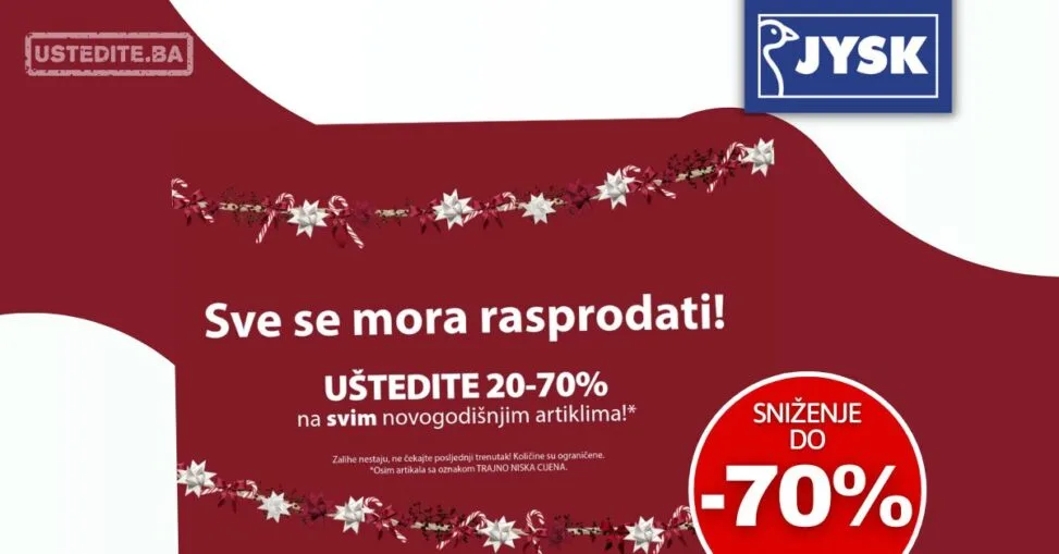 Jysk NOVOGODIŠNJA RASPRODAJA do 70% decembar 2025.