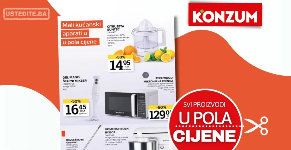 Konzum akcija: SVI MALI KUĆANSKI APARATI SNIŽENI 50% - do 20.4.2026.